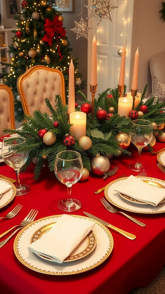 Elegant Christmas Dinner Table Decor Ideas An elegant Christmas dinner table set with a red tablecloth, golden cutlery, and a festive centerpiece.